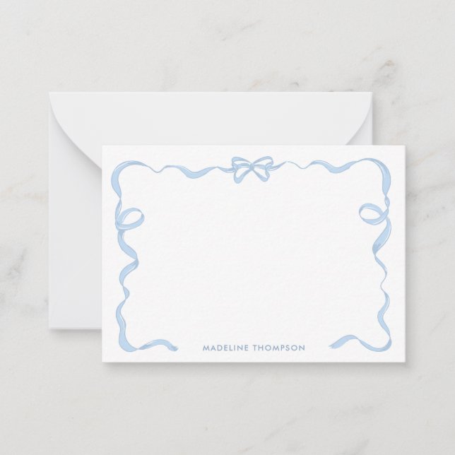 Cute Girly Light Blue Bow Ribbon Frame Note Card (Front)