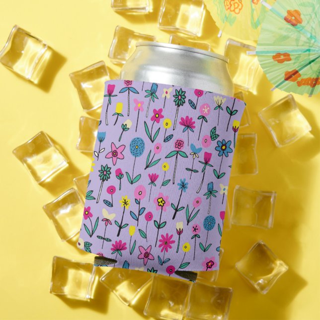 Cute Girly Lilac Bright Floral Pattern Can Cooler (In Situ Summer)