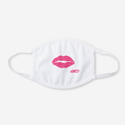 Cute Girly Lips In Pink Red Modern Monogram White Cotton Face Mask