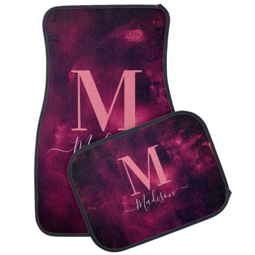 Cute girly magenta pink marble art monogram  car floor mat