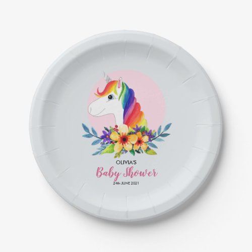 Cute Girly Magical Unicorn and Flowers Baby Shower Paper Plates