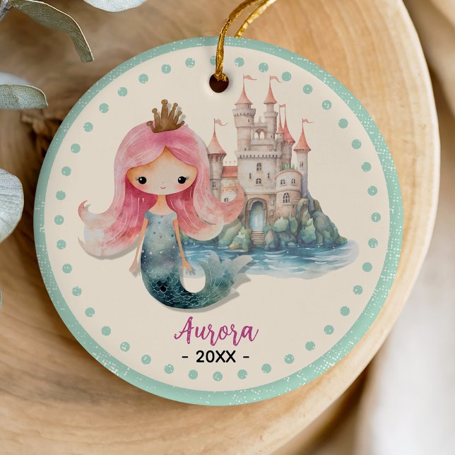 Cute girly mermaid ocean beach christmas keepsake ceramic ornament (Creator Uploaded)