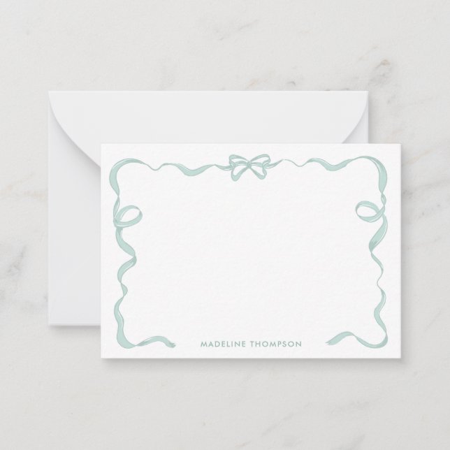 Cute Girly Mint Green Bow Ribbon Frame Note Card (Front)