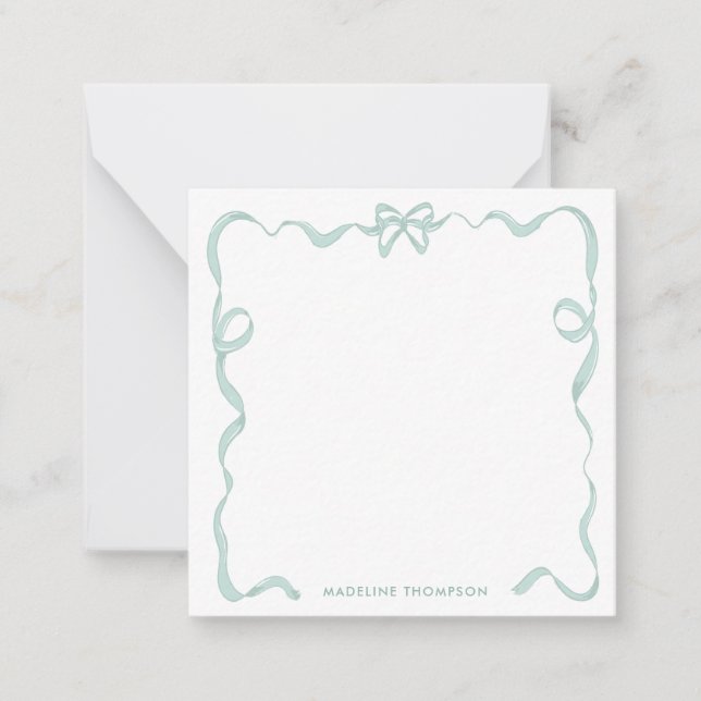 Cute Girly Mint Green Bow Ribbon Frame Note Card (Front)