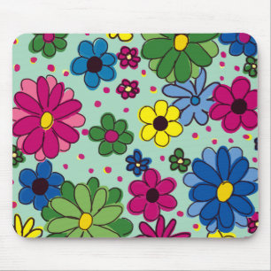 Cute, Girly Mint Green with Colorful Floral Mouse Pad