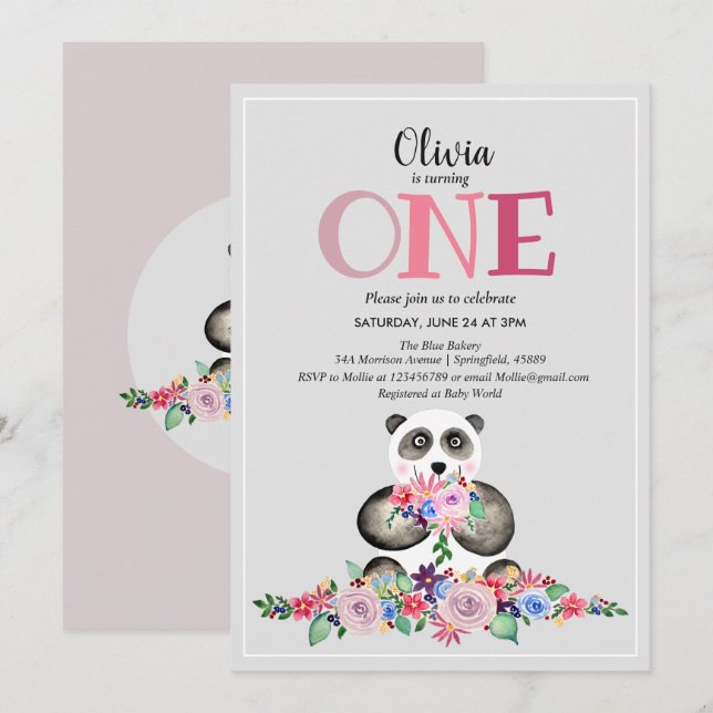 Cute Girly Modern Flower Panda & Name 1st Birthday Invitation (Front/Back)