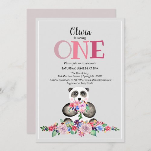 Cute Girly Modern Flower Panda  Name 1st Birthday Invitation