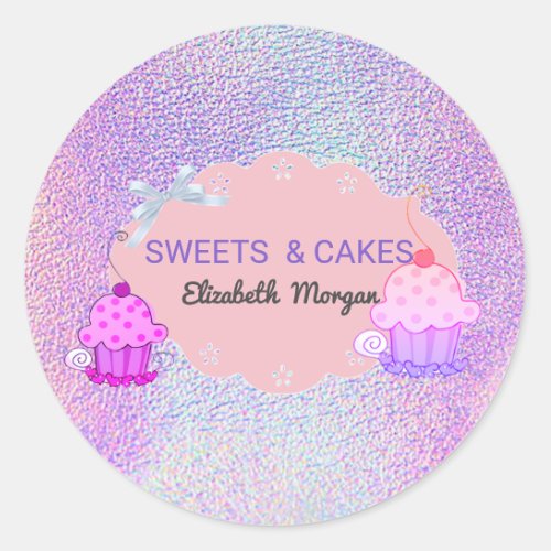 Cute Girly Modern Holographic Cupcake Bakery Classic Round Sticker