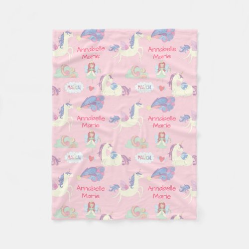Cute Girly Modern Magical Pink Unicorn Fairy Heart Fleece Blanket