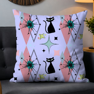 Cute Girly Modern Mid-Century Stars & Cat Blue Throw Pillow