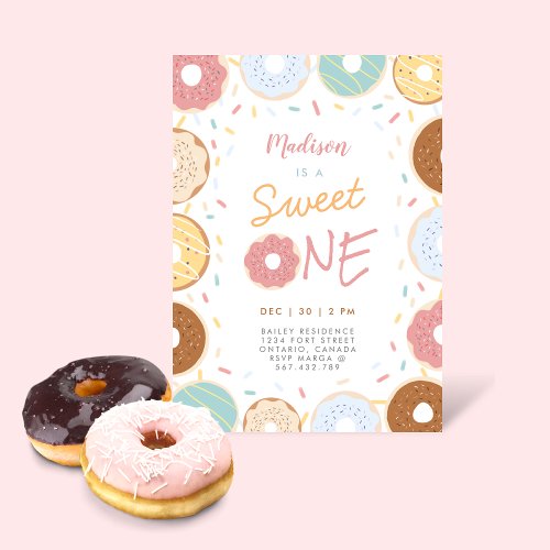 Cute Girly Modern Pastel Donut First Birthday  Invitation