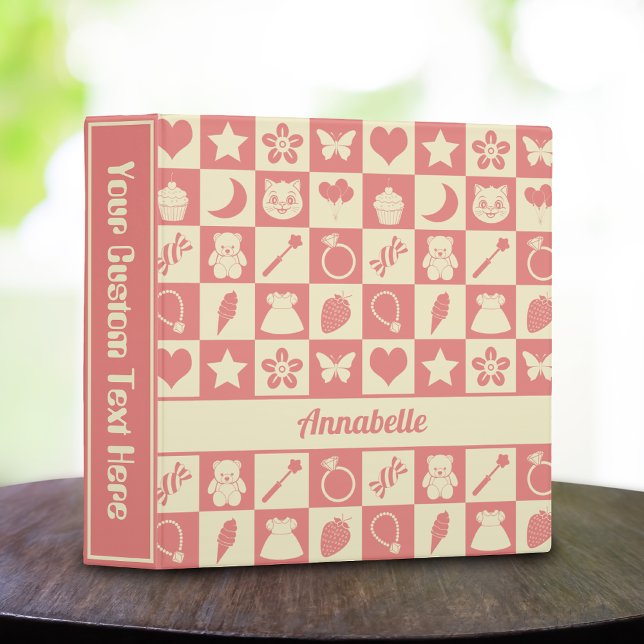 Cute Girly Modern Pink Checkered Icons Pattern 3 Ring Binder (Creator Uploaded)