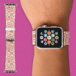 Cute Girly Modern Pink Checkered Icons Pattern Apple Watch Band