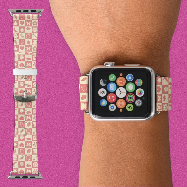 Cute Girly Modern Pink Checkered Icons Pattern Apple Watch Band (Creator Uploaded)