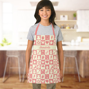 Cute Girly Modern Pink Checkered Icons Pattern Apron