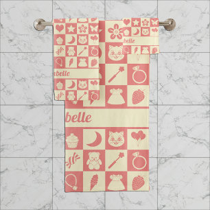 Cute Girly Modern Pink Checkered Icons Pattern Bath Towel Set