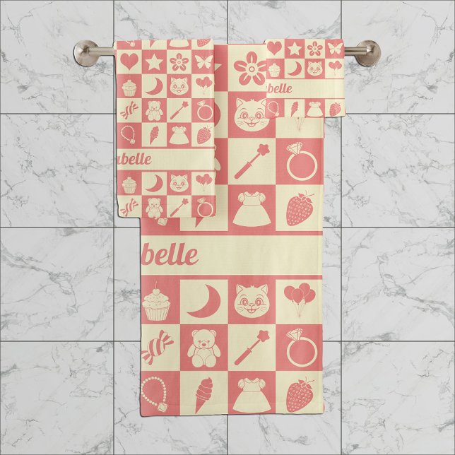 Cute Girly Modern Pink Checkered Icons Pattern Bath Towel Set (Creator Uploaded)