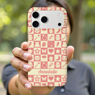 Cute Girly Modern Pink Checkered Icons Pattern iPhone 17 Pro Max Case