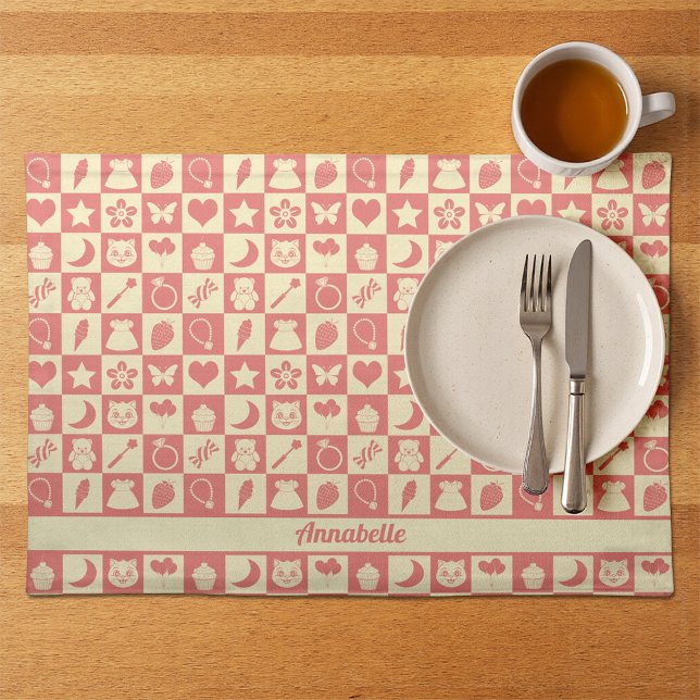 Cute Girly Modern Pink Checkered Icons Pattern Cloth Placemat (Creator Uploaded)