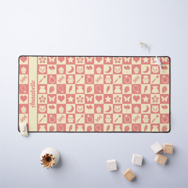 Cute Girly Modern Pink Checkered Icons Pattern Desk Mat (Kids Table)