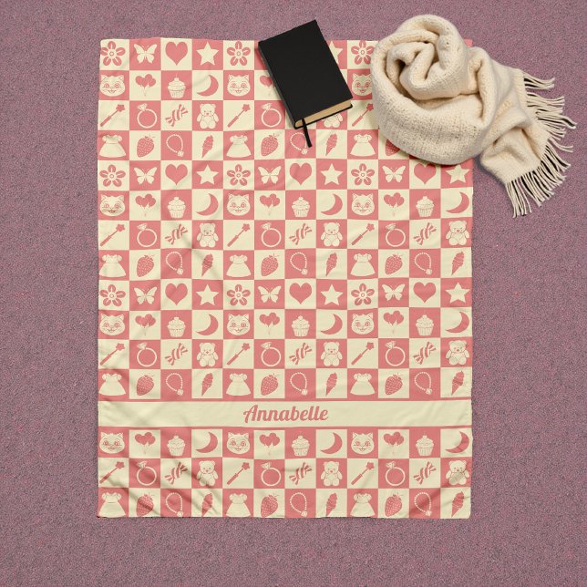 Cute Girly Modern Pink Checkered Icons Pattern Fleece Blanket (Creator Uploaded)