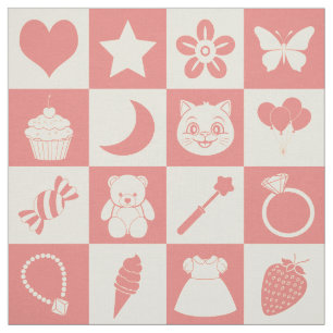Cute Girly Modern Pink Checkered Icons Pattern Fun Fabric