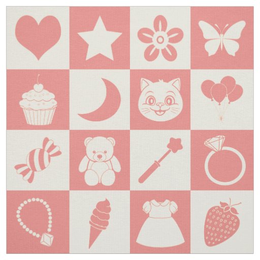 Cute Girly Modern Pink Checkered Icons Pattern Fun Fabric