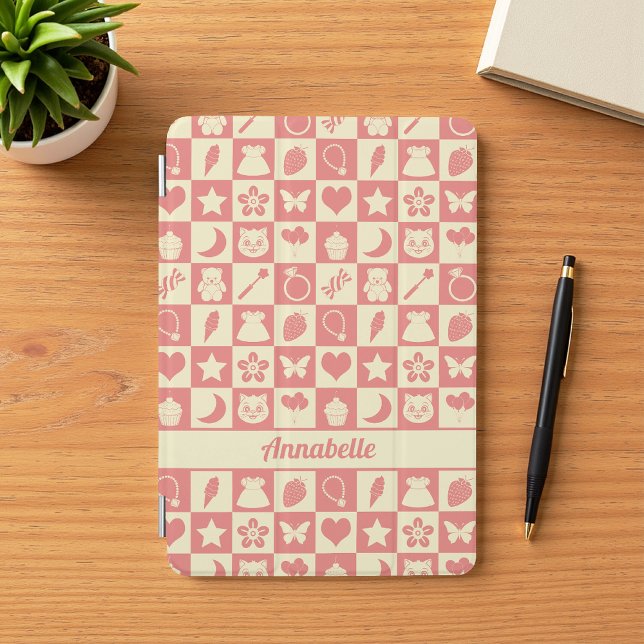 Cute Girly Modern Pink Checkered Icons Pattern iPad Mini Cover (Creator Uploaded)