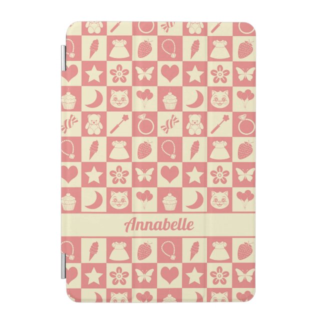 Cute Girly Modern Pink Checkered Icons Pattern iPad Mini Cover (Front)