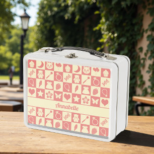 Cute Girly Modern Pink Checkered Icons Pattern Metal Lunch Box