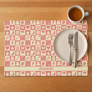 Cute Girly Modern Pink Checkered Icons Pattern Placemat