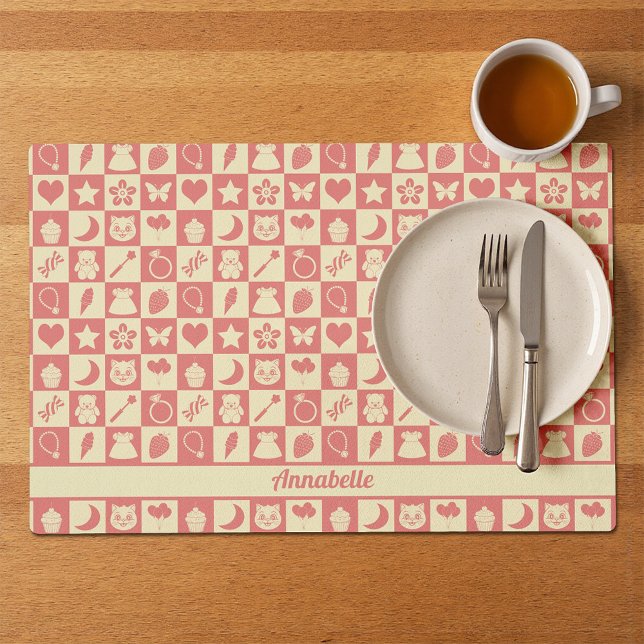 Cute Girly Modern Pink Checkered Icons Pattern Placemat (Creator Uploaded)