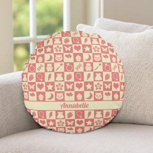 Cute Girly Modern Pink Checkered Icons Pattern Round Pillow