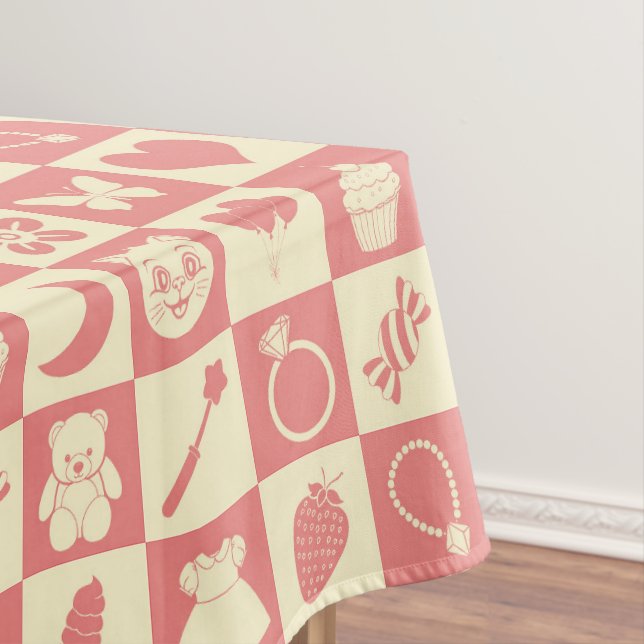 Cute Girly Modern Pink Checkered Icons Pattern Tablecloth (In Situ)