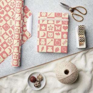 Cute Girly Modern Pink Checkered Icons Pattern Wrapping Paper