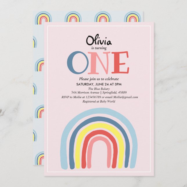 Cute Girly Modern Rainbow and Name 1st Birthday Invitation (Front/Back)