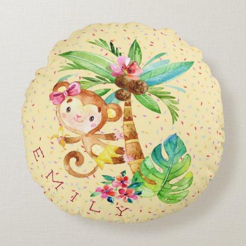 Cute Girly Monkey Flowers and Confetti Round Pil Round Pillow