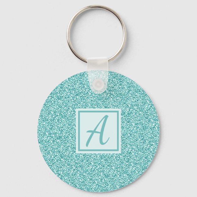 Cute Girly Monogram Blue Sparkle Keychain (Front)