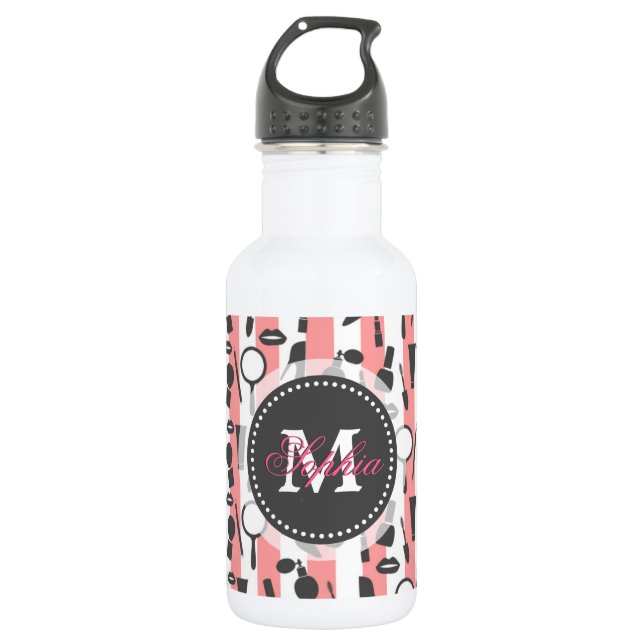 Cute girly  monogram cosmetics stripes pattern water bottle (Front)