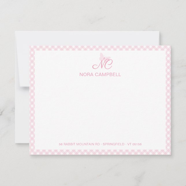 Cute Girly Monogram Name Baby Pink Gingham Checks Note Card (Front)