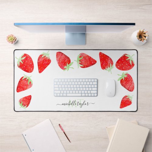 Cute Girly Monogram Summer Strawberry  Desk Mat