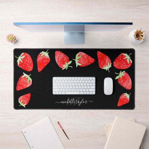 Cute Girly Monogram Summer Strawberry  Desk Mat