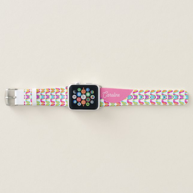 Cute Girly Multicolor Rainbow Butterflies Name Apple Watch Band (Front)