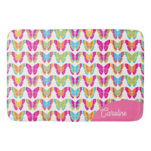 Cute Girly Multicolor Rainbow Butterflies Name Bath Mat