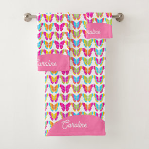 Cute Girly Multicolor Rainbow Butterflies Name Bath Towel Set