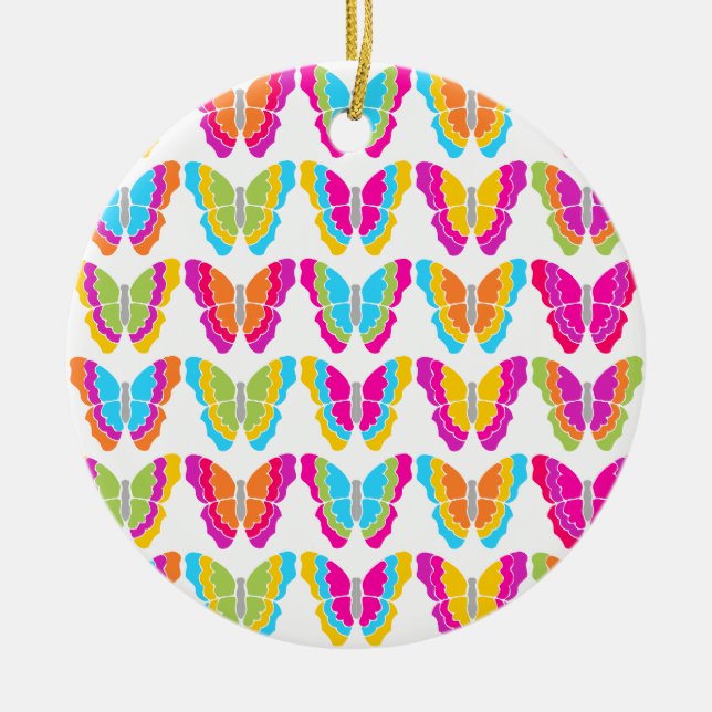 Cute Girly Multicolor Rainbow Butterfly Pattern  Ceramic Ornament (Front)