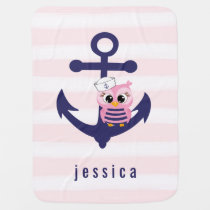 Cute Girly Nautical Anchor, Pink Owl and Stripes Baby Blanket