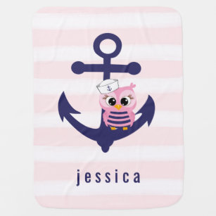 Cute Girly Nautical Anchor, Pink Owl and Stripes Baby Blanket
