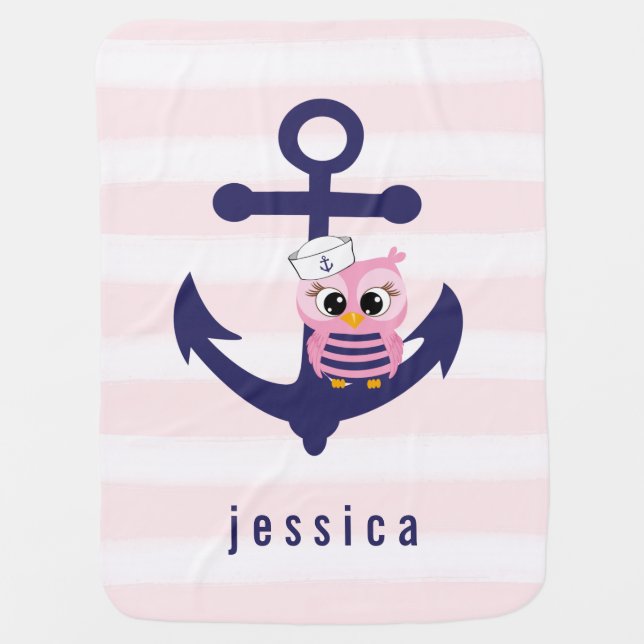 Cute Girly Nautical Anchor, Pink Owl and Stripes Baby Blanket (Front)
