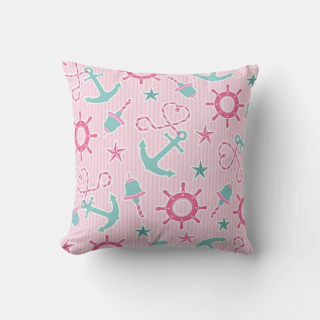 Cute Girly Nautical Print Pink Stripe Throw Pillow (Front)